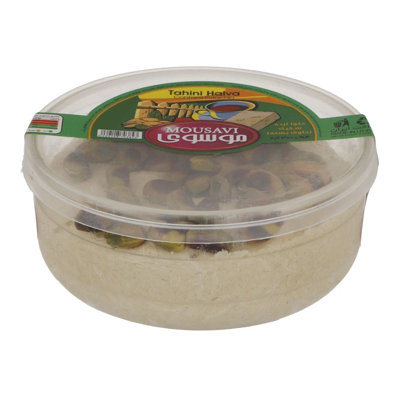 حلوا ارده شکری حاوی پسته شیشه 300 گرمی موسوی